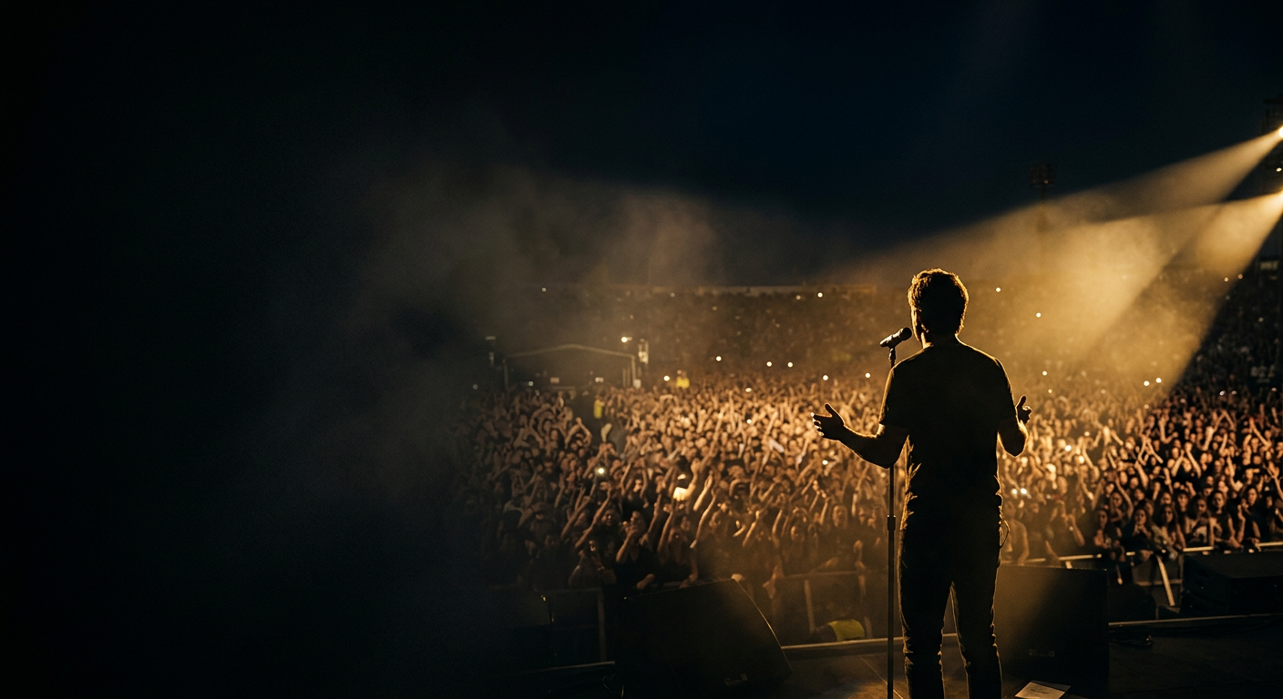 An anonymous performer seen from behind on stage, facing a huge concert crowd under gold spotlights