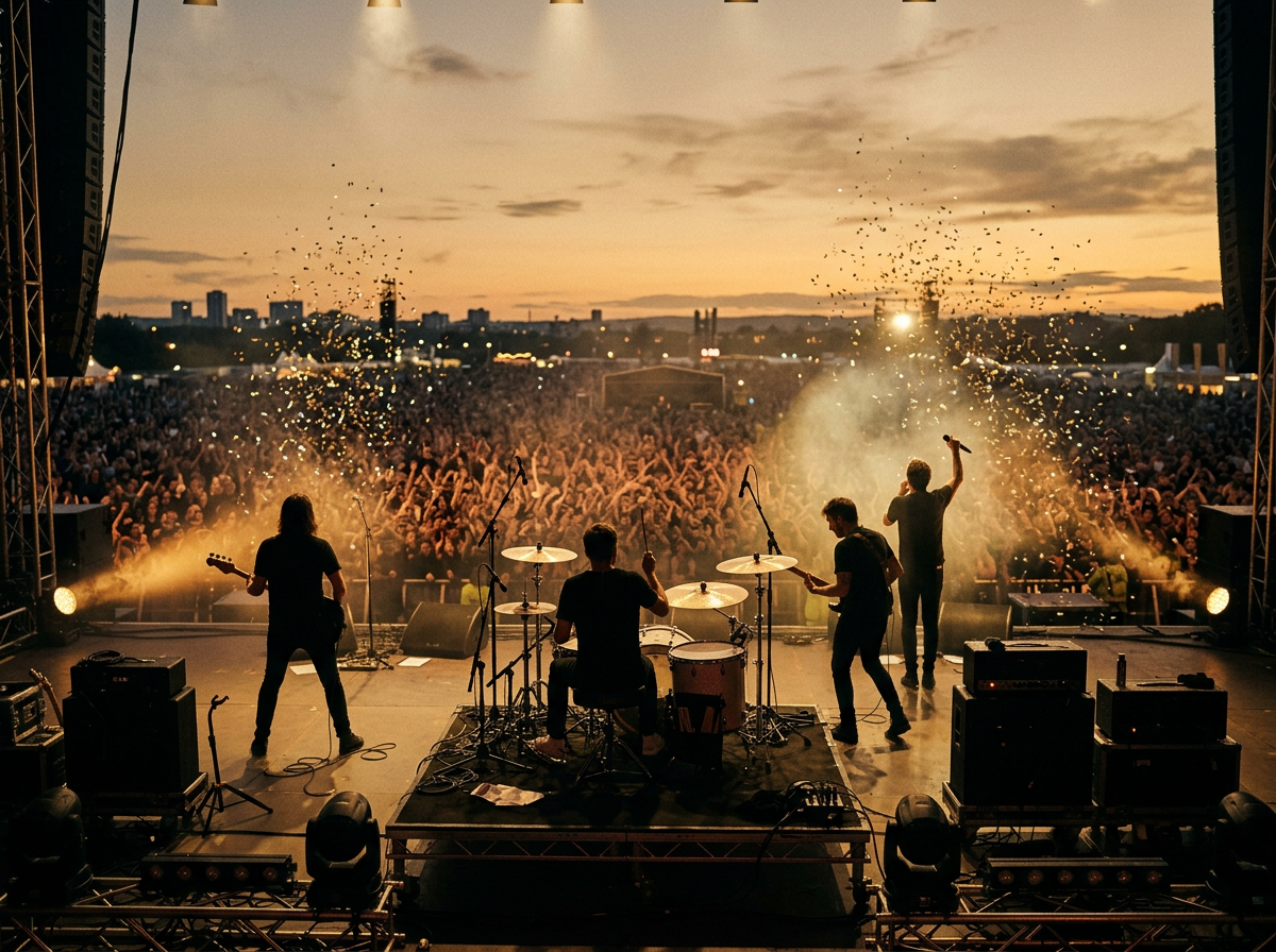 A band performing under stage lights