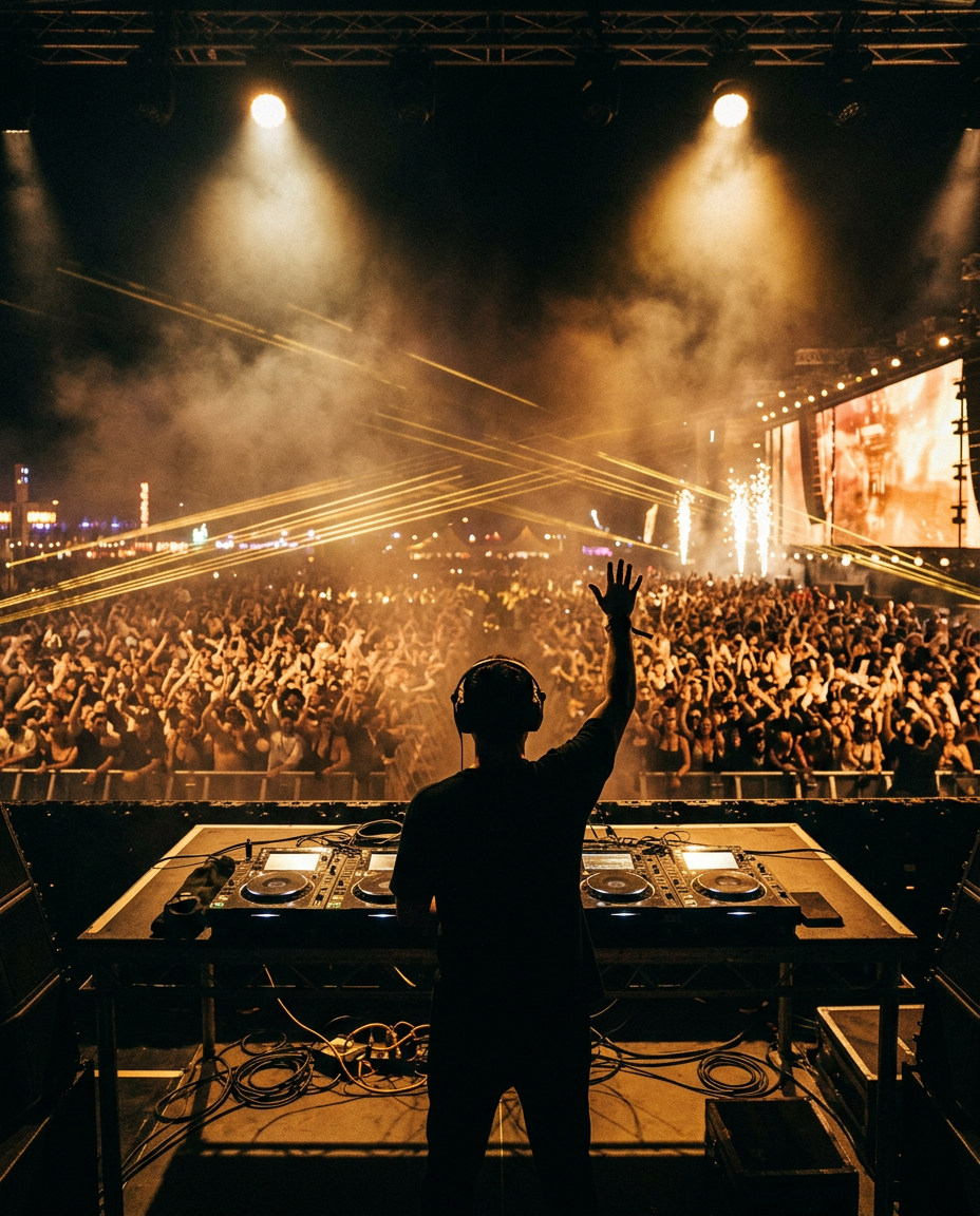 A DJ silhouetted over a packed dance floor