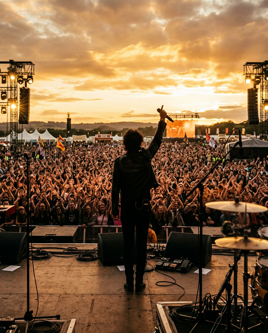 A performer facing a festival crowd at sunset