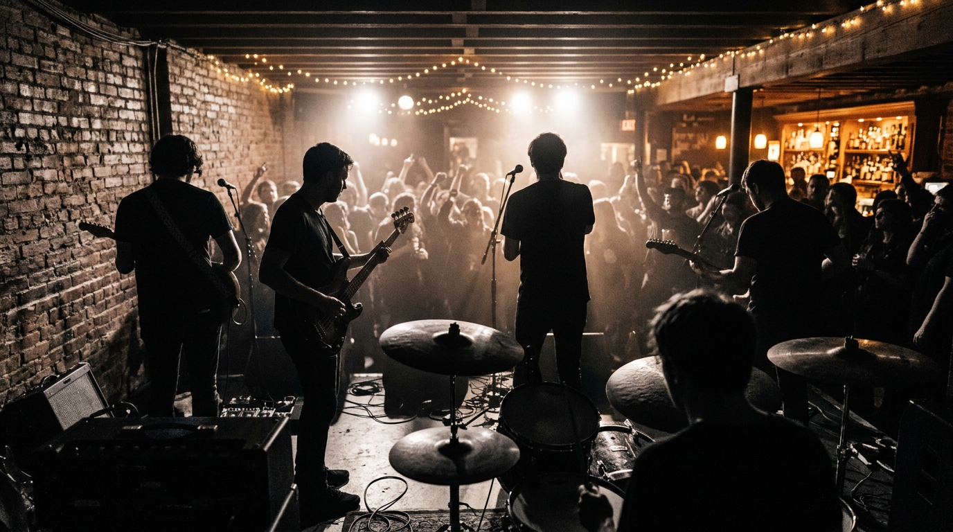 A band playing a small brick-walled venue